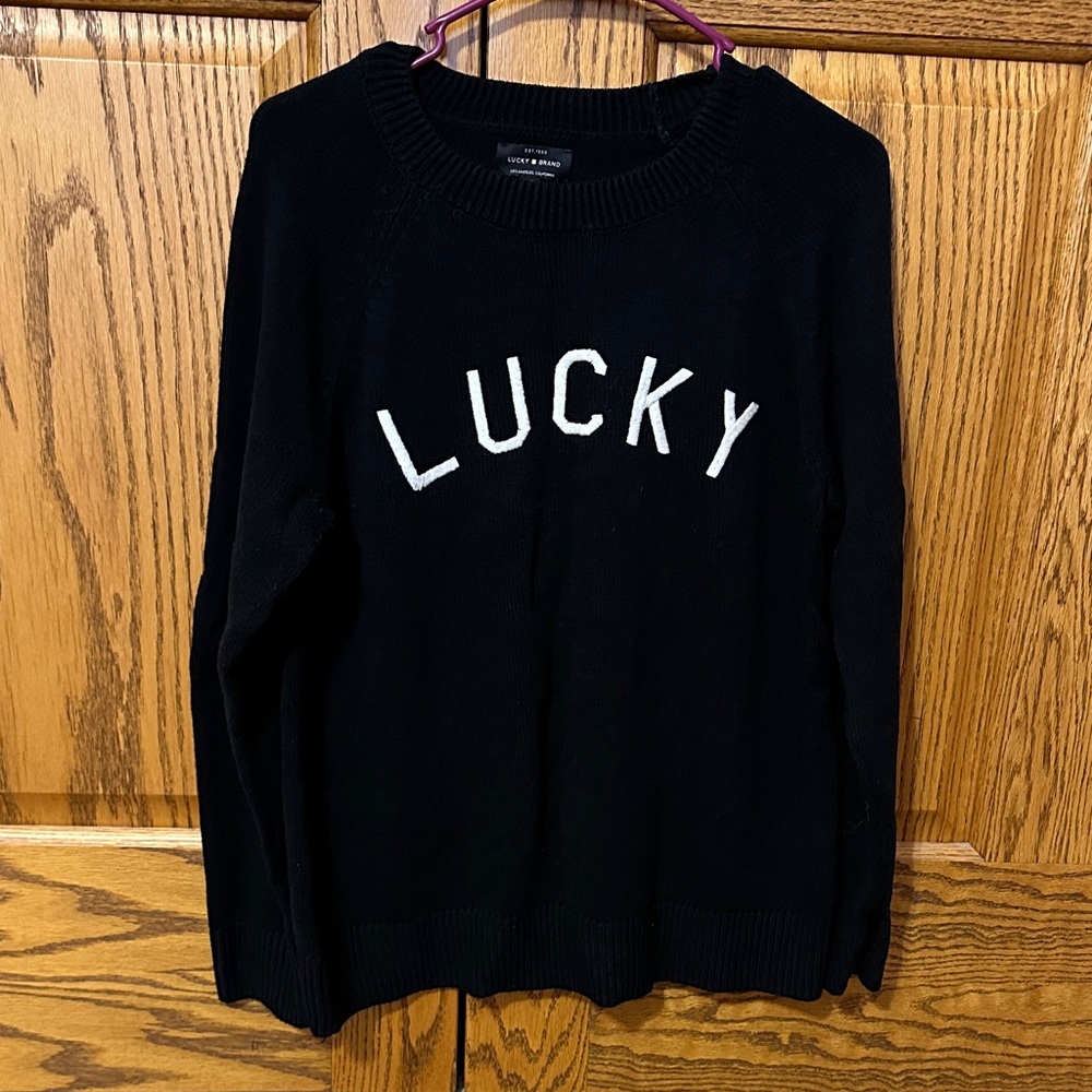 Lucky Brand Black Crew Neck Sweater with White Lettering